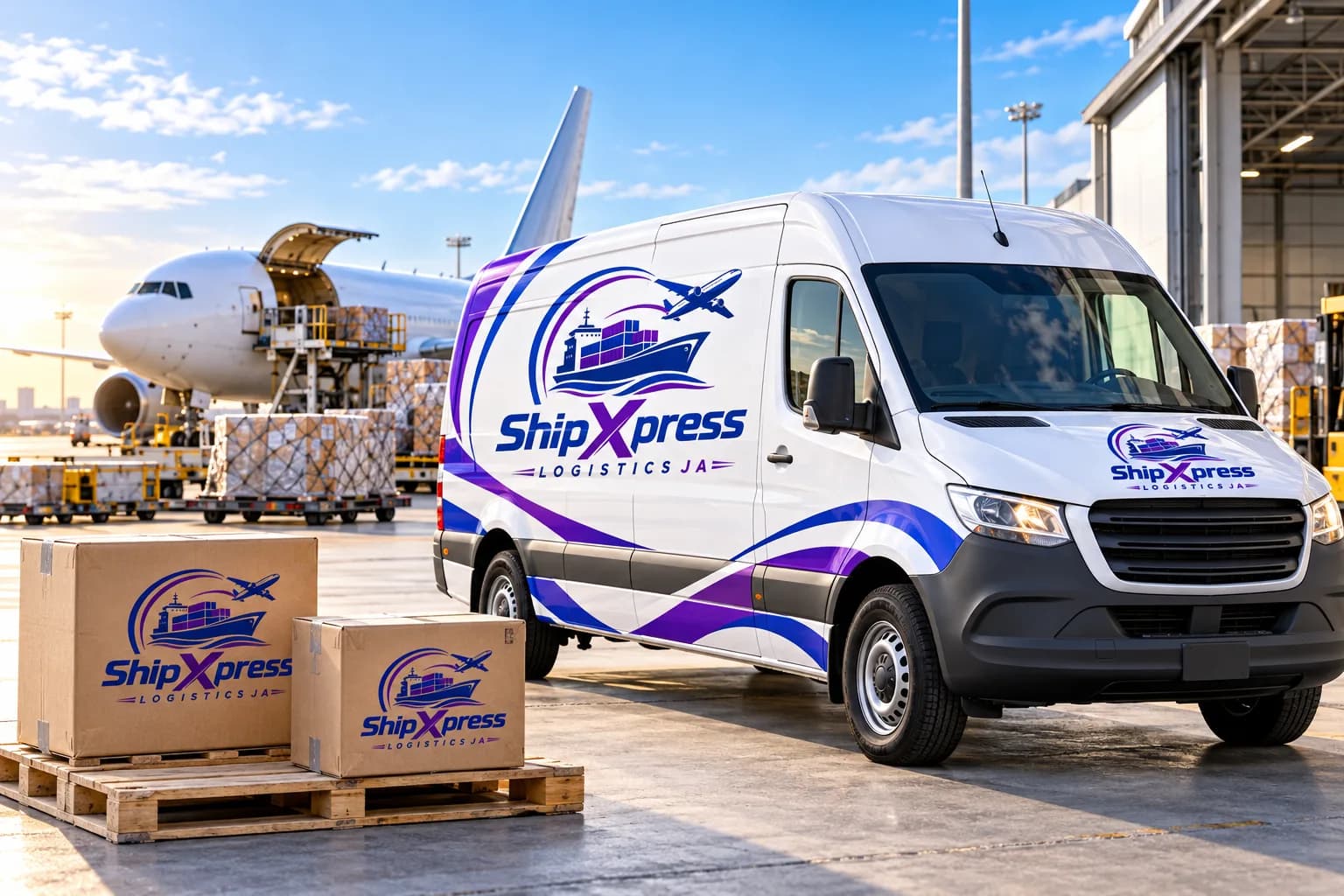 ShipXpress-branded van and parcels at an air cargo terminal, illustrative artwork